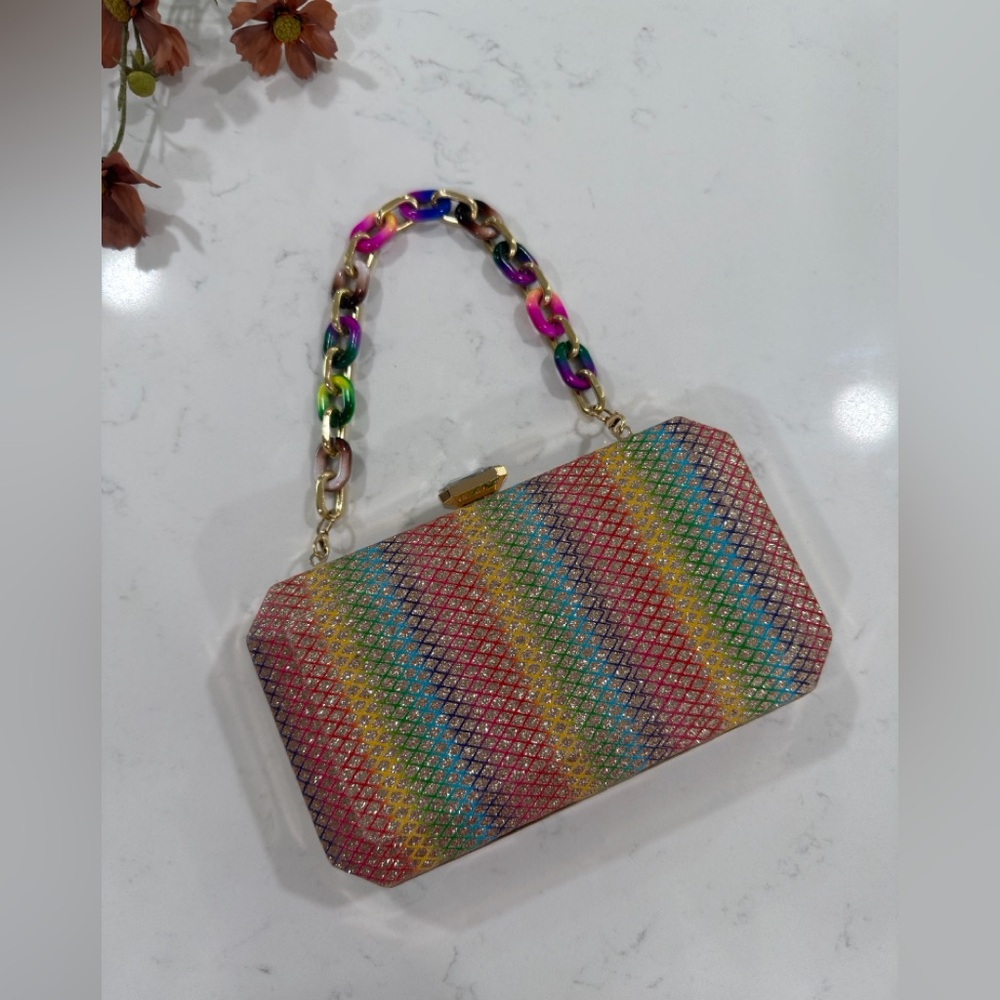 Multicolor Crystal Stripe Evening Clutch with Rainbow Chain Handle